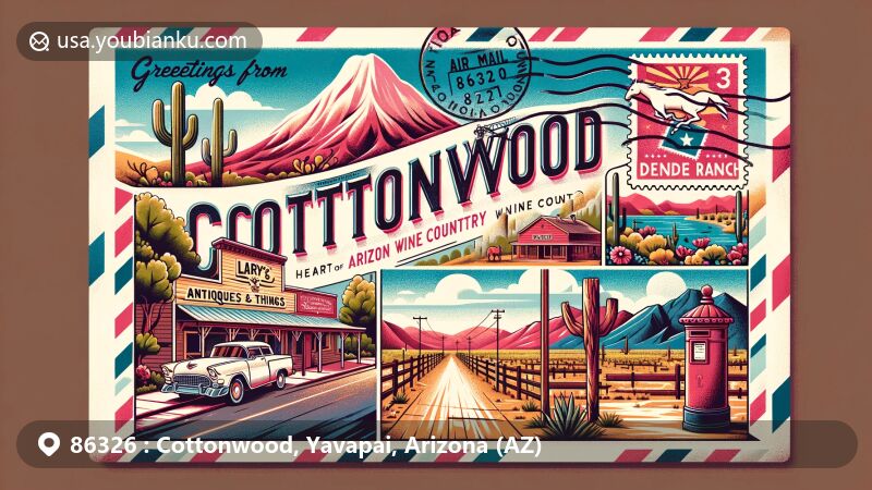Modern postcard-style illustration of Cottonwood, Arizona, showcasing Mingus Mountain, Larry's Antiques and Things, Blazin' M Ranch, the Verde River, and Dead Horse Ranch State Park.