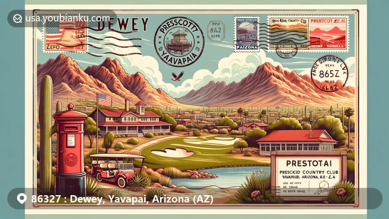 Modern illustration of Dewey, Yavapai County, Arizona, featuring Prescott Country Club, historic Iron King Mine smelter, Old Black Canyon Hwy, ZIP code 86327, vintage postcard elements, and Arizona's scenic landscape.