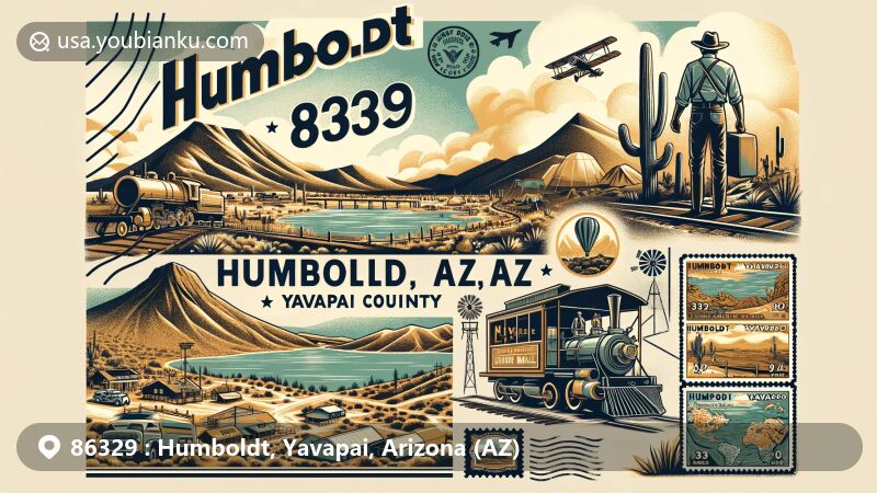 Modern illustration of Humboldt, Yavapai County, Arizona, featuring Granite Dells, Lynx Lake, and Watson Lake, with vintage air mail elements and historical mining and ranching scenes.