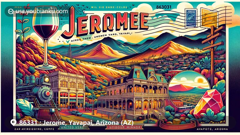 Modern illustration of Jerome, Yavapai, Arizona, highlighting mining history with United Verde and UVX mines, copper ore, and azurite mineral, featuring Douglas Mansion and scenic Black Hills.