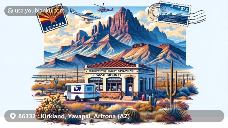 Modern illustration of Kirkland, Yavapai County, Arizona, near Weaver Mountains, showcasing natural beauty and postal heritage. Background highlights the mountains, foreground features typical Arizona central landscape with cacti and sagebrush. Includes classic red and blue airmail envelope symbolizing Kirkland's postal connection to the world, with Arizona state flag on stamp.