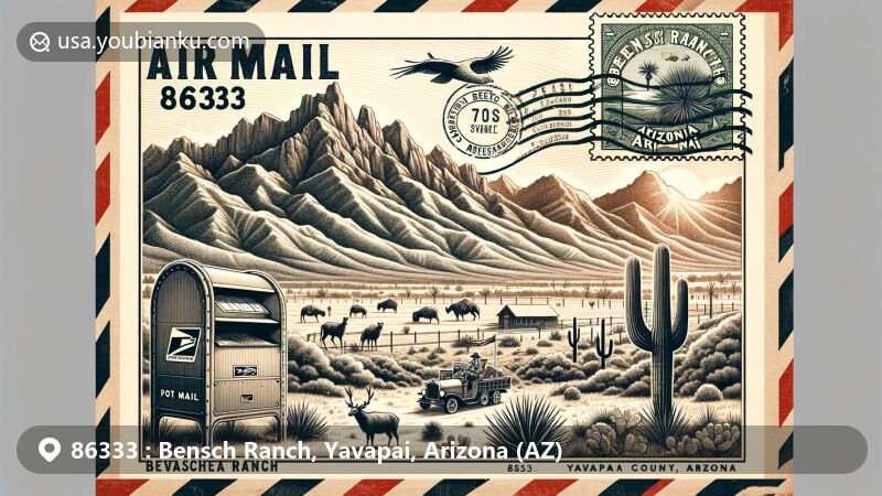 Modern illustration of Bensch Ranch, Yavapai County, Arizona, featuring a creative air mail envelope design merging postal elements with local landmarks like the Bradshaw Mountains, showcasing their rugged beauty and historical mining significance, along with symbols of local wildlife and flora.