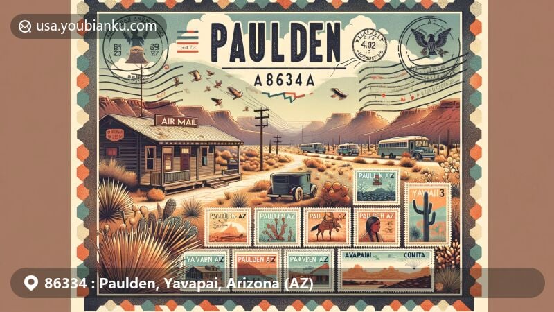 Modern illustration of Paulden, Arizona, in Yavapai County, featuring high desert landscape, Native American heritage, and postal theme with ZIP code 86334.