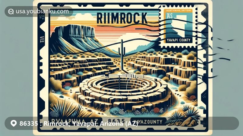 Modern illustration of Rimrock, Yavapai, Arizona (AZ) postal code 86335, featuring Montezuma Well National Monument and Yavapai County's silhouette, designed in vintage air mail envelope style with Arizona state flag postage stamp.