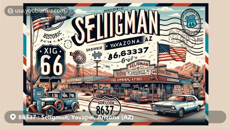 Modern illustration of Seligman, Yavapai, Arizona, with ZIP code 86337, featuring vintage postcard theme and Route 66 landmarks like Seligman Sundries and Copper Cart restaurant.