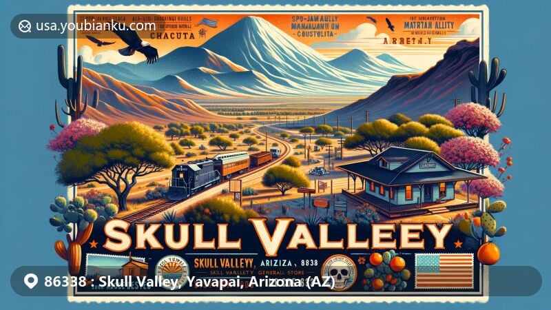 Modern illustration of Skull Valley, Yavapai County, Arizona, showcasing semi-arid landscape with oak, manzanita, and mesquite trees, featuring Skull Valley Railroad Depot and ranching history.