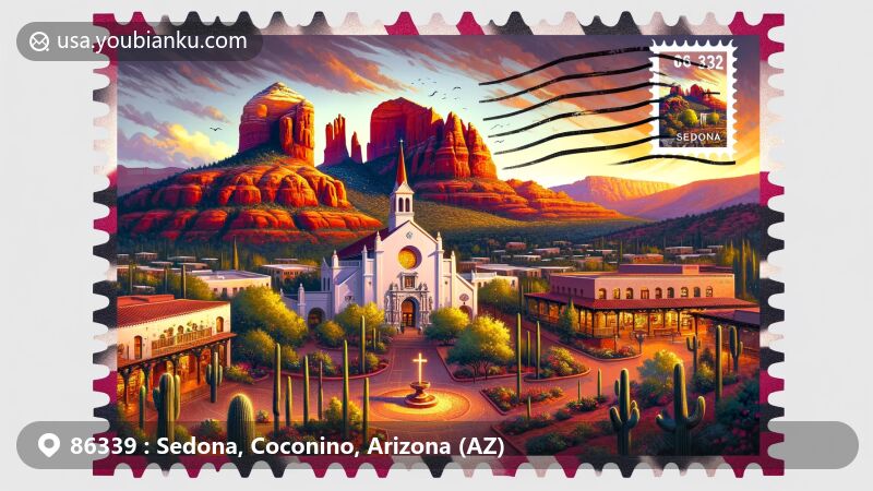 Modern illustration of Sedona, Coconino County, Arizona, showcasing iconic landmarks like Cathedral Rock, Tlaquepaque Arts and Crafts Village, and Chapel of the Holy Cross, set against the backdrop of Coconino National Forest.