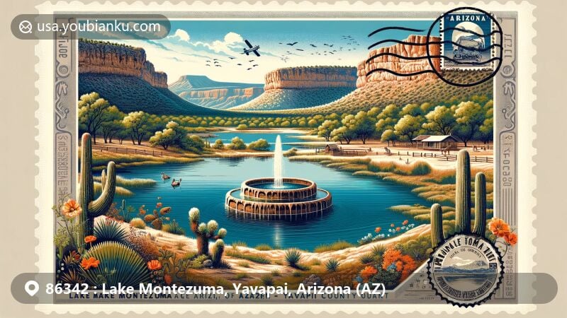Modern illustration of Lake Montezuma, Yavapai County, Arizona, capturing the essence of Montezuma Well and lush landscapes, featuring Arizona's state flag, local wildlife, and Mediterranean climate.