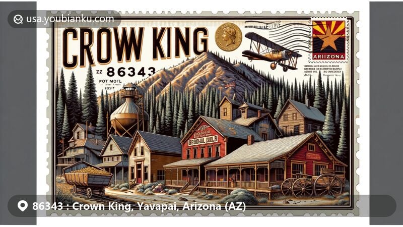 Modern illustration of Crown King, Arizona, capturing the town's postal history and pioneering spirit with a vintage air mail envelope showcasing ZIP Code 86343, featuring iconic landmarks like the one-room schoolhouse, Crown King Saloon, and general store/post office amidst lush pine forests and gold mining heritage.