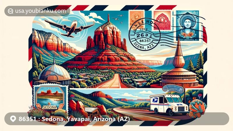 Modern illustration of Sedona, Arizona, designed for ZIP code 86351, featuring famous red rock landscapes with landmarks like Chapel of the Holy Cross, Amitabha Stupa & Peace Park, and Schnebly Hill Vista. Includes postal elements such as air mail envelope, vintage stamps, postmark, and classic red postal truck.