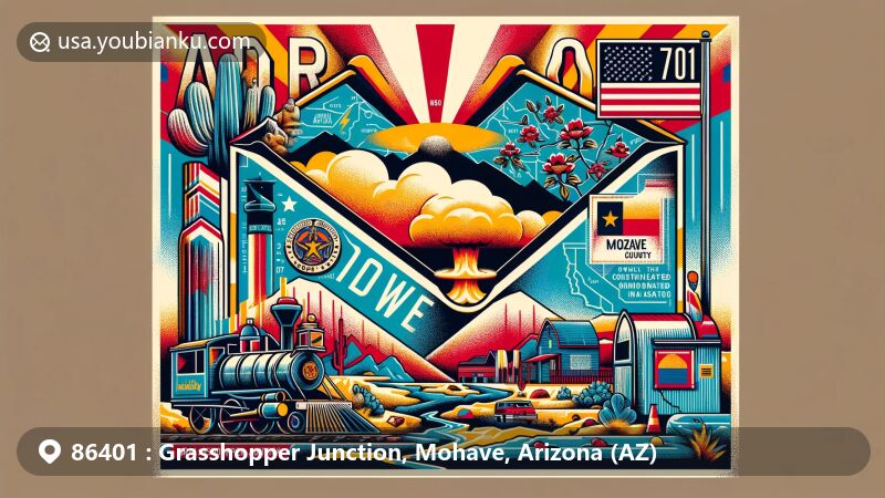 Modern illustration of Grasshopper Junction, Mohave County, Arizona, featuring a creative postal theme with elements like an air mail envelope, Arizona state flag, Mohave County outline, Chloride mining nod, and subtle reference to historic nuclear test sites.