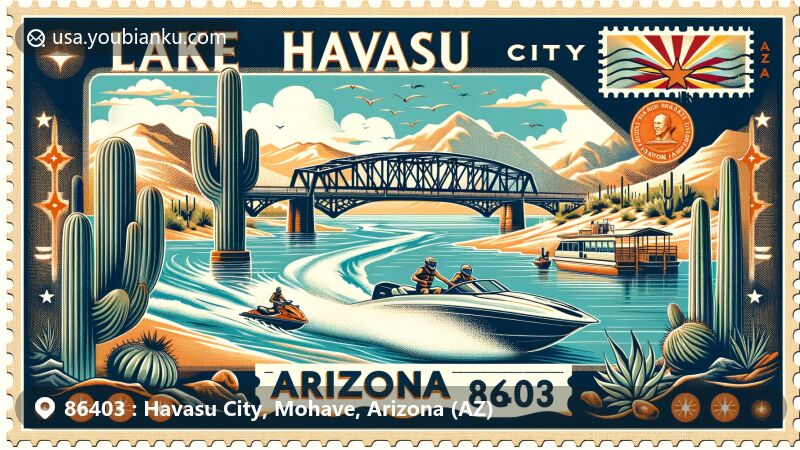 Modern illustration of Lake Havasu City in Mohave County, Arizona, featuring the iconic London Bridge, Lake Havasu's water sports, Arizona desert scenery, cacti, and mountain ranges.