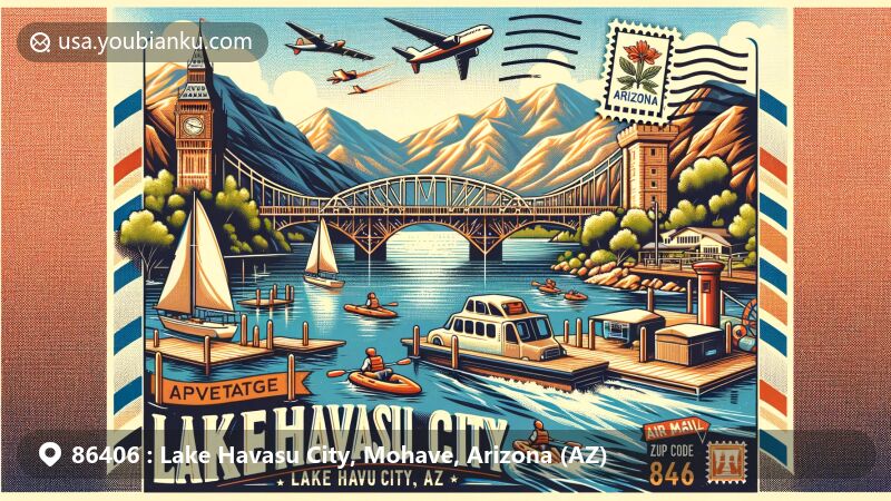 Modern illustration of Lake Havasu City, Arizona, showcasing scenic beauty with London Bridge, Colorado River, Sierra Nevada Mountains, and Lake Havasu, featuring outdoor activities and vintage-style postal elements.