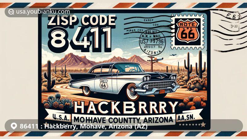 Modern illustration of Hackberry, Mohave County, Arizona, featuring ZIP code 86411 and iconic Route 66, vintage car, and desert landscape with saguaro cactus, framed in air mail envelope design.