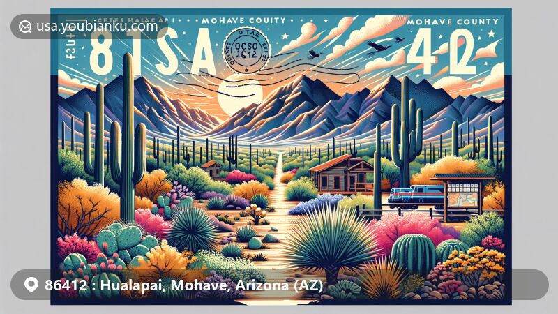 Modern illustration of Hualapai, Mohave County, Arizona, showcasing the beauty of Hualapai Mountains and outdoor recreation at Hualapai Mountain Park, featuring diverse plant community and postal elements with ZIP code 86412.