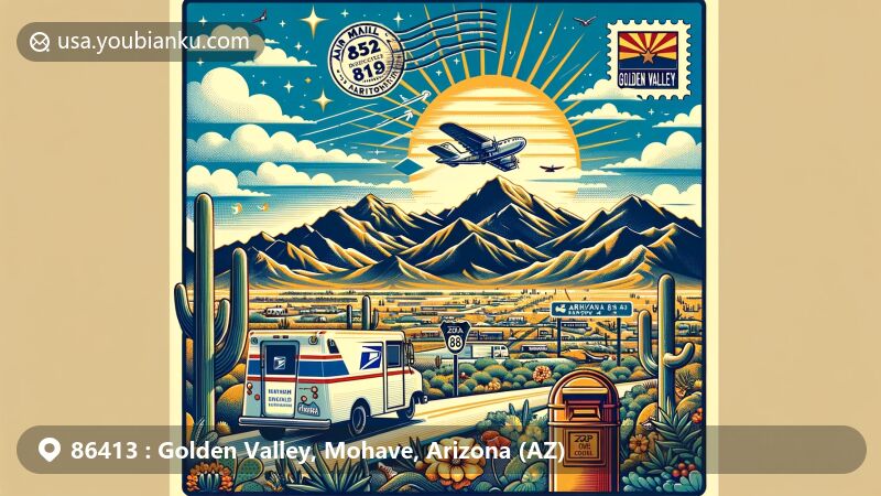 Vibrant illustration of Golden Valley, Mohave, Arizona, celebrating ZIP code 86413, featuring air mail envelope with key landmarks like Route 68, Cerbat and Black Mountain ranges, Arizona state flag, and Golden Valley postmark.
