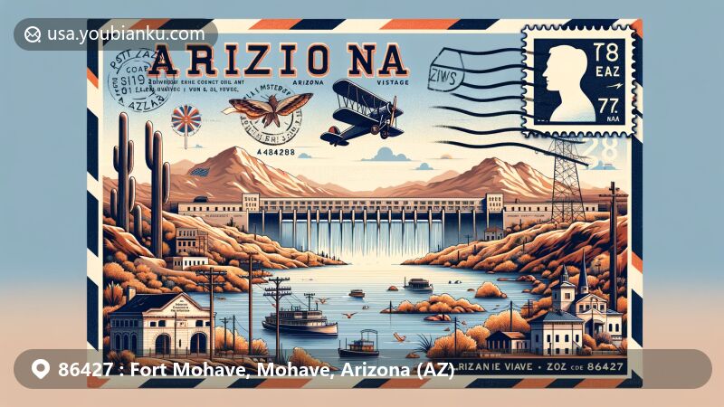 Modern illustration of Fort Mohave, Mohave County, Arizona, featuring vintage postcard design with Colorado River, Davis Dam, Fort Mohave Historical Landmark, Arizona state flag, and postal theme with ZIP code 86427.