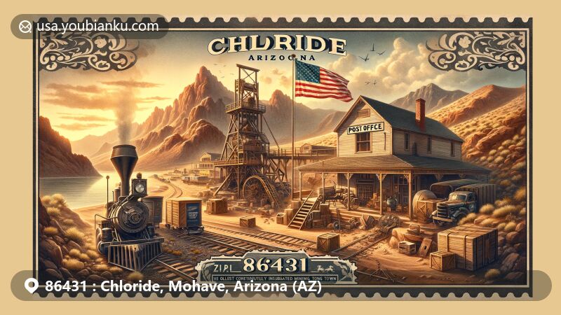 Modern illustration of Chloride, Arizona, showcasing vintage silver mining camp setting with iconic Cerbat Mountains, aged post office, and desert sunset backdrop.