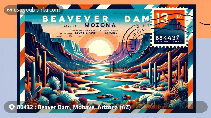 Modern illustration of Beaver Dam, Mohave County, Arizona, inspired by the unique geographical features and historical significance of the area, showcasing iconic landmarks like the Virgin River Gorge and Beaver Dam Mountains.