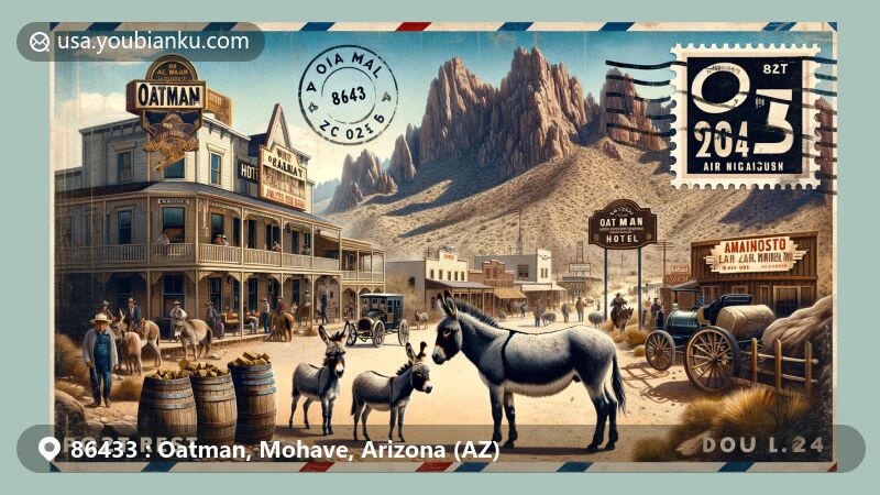 Modern illustration of Oatman, Arizona, highlighting postal theme with ZIP code 86433, featuring Oatman Hotel, wild burros, Black Mountains, and gold mining heritage.
