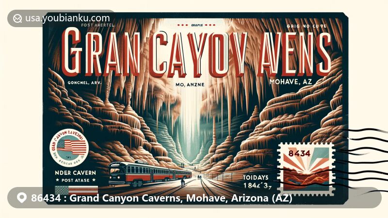 Modern wide-format illustration of Grand Canyon Caverns, Mohave, Arizona, featuring unique interior landscape devoid of stalagmites and stalactites, depicted as a postcard with postal elements like stamp and postmark.