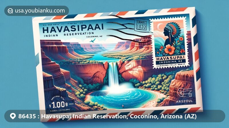 Modern illustration of Havasupai Indian Reservation, Coconino, AZ, with turquoise-blue waters and Havasu Falls in the foreground, Grand Canyon in the background, featuring postal theme with ZIP code 86435.