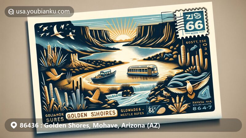 Modern illustration of Golden Shores, Mohave County, Arizona, featuring Colorado River, Route 66, Topock Gorge, Havasu National Wildlife Refuge, community spirit, and postal theme with ZIP code 86436.
