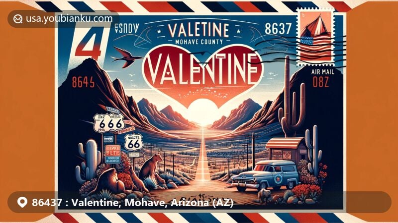 Modern illustration of Valentine, Mohave County, Arizona, showcasing postal theme with ZIP code 86437, featuring Route 66, Hualapai Reservation, Keepers of the Wild Nature Park, and Arizona state flag.