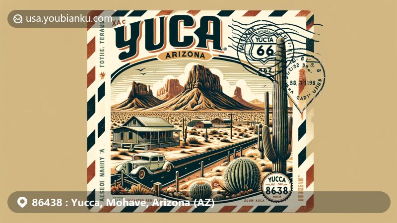 Modern illustration of Yucca, Mohave County, Arizona, featuring iconic Route 66, desert landscape with cacti and Ocotillos, McCracken Mine, and Castaneda Hills. Vintage stamp with Arizona flag, postmark 'Yucca, AZ 86438', and airmail envelope edge.