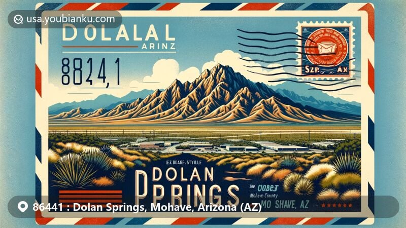 Modern illustration of Dolan Springs, Arizona, showcasing postal theme with ZIP code 86441, featuring Cerbat Mountains, Mohave County terrain, and a vintage airmail envelope.