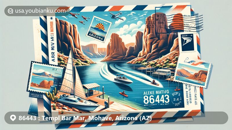 Modern illustration of Templ Bar Mar, Mohave, Arizona, showcasing postal theme with ZIP code 86443, featuring Temple Bar Marina and aquatic activities.