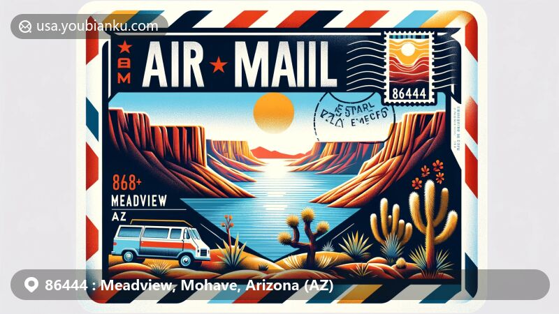 Modern illustration of Meadview, Mohave County, Arizona, featuring airmail envelope design with Lake Mead, Grand Wash Cliffs, and Joshua tree, symbolizing ZIP code 86444 and postal theme.