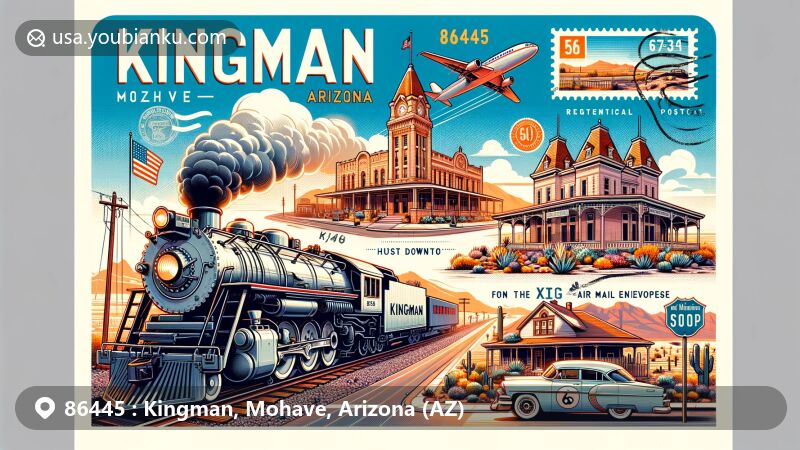 Modern illustration of Kingman, Mohave County, Arizona, featuring Route 66, historic downtown, Kingman Railroad Museum, and Bonelli House, creatively blending postal and regional elements.