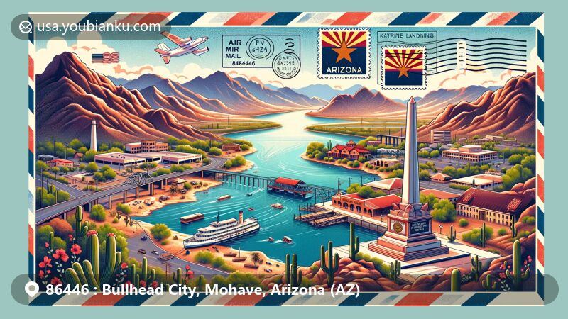 Modern illustration of Bullhead City, Arizona, in a postcard style with the Colorado River, landmarks, and postal elements, showcasing the area's historical significance and natural beauty.