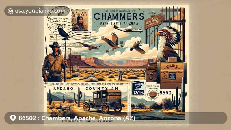 Modern illustration of Chambers, Apache County, Arizona, blending postal themes with scenic beauty and Native American heritage, featuring Kaibab National Forest and ZIP code 86502.