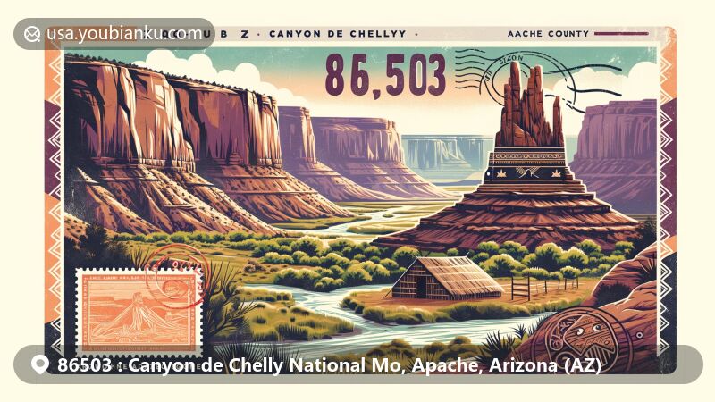 Vibrant illustration of Arizona landscape in ZIP code 86503, with Arizona state flag postage stamp and postmark, symbolizing adventure and natural beauty.