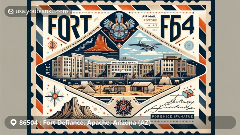 Modern illustration of Fort Defiance, Apache County, Arizona, showcasing postal theme with ZIP code 86504, featuring Fort Defiance Indian Hospital, Defiance Plateau, Navajo silversmith, and traditional Navajo patterns.