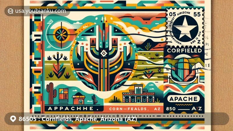 Modern illustration of the Cornfields area in Apache County, Arizona, featuring elements of Navajo culture and local landscape, showcasing Arizona state flag and postal theme with ZIP code 86505.