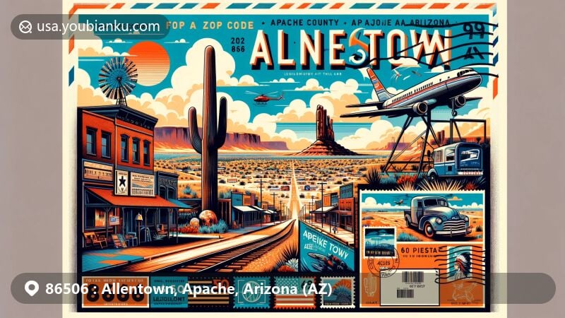 Modern illustration of Allentown, Apache County, Arizona, highlighting local geography, cultural heritage, Route 66 connection, railroad history, and Navajo culture with postal themes.