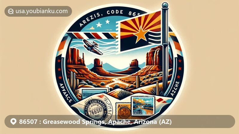 Modern illustration of Greasewood Springs, Apache, Arizona, representing ZIP code 86507 with elements like Arizona state flag, Navajo Nation, and Colorado Plateau beauty.