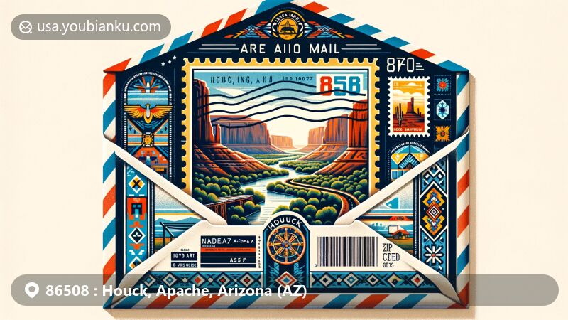 Modern digital illustration of Houck, Apache, AZ, showcasing scenic beauty along Route 66 within an air mail envelope. Featuring the ZIP Code 86508, postage stamp with local landmarks like Querino Canyon Bridge and Fort Courage, and Navajo-inspired background motifs.