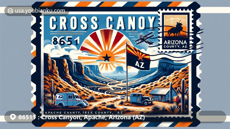 Creative illustration of Cross Canyon, Apache County, Arizona, inspired by an air mail envelope design, featuring ZIP code 86511, showcasing the rugged terrain and cultural symbols of the area.