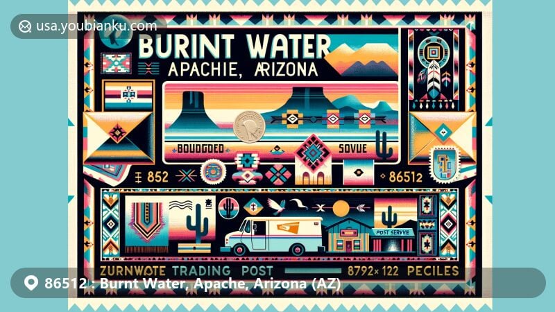 Modern illustration of Burnt Water, Apache County, Arizona, incorporating Navajo culture and Navajo woven rugs with geometric designs, showcasing postal elements like the '86512' ZIP code, the historical Burnt Water Trading Post, and modern postal symbols.