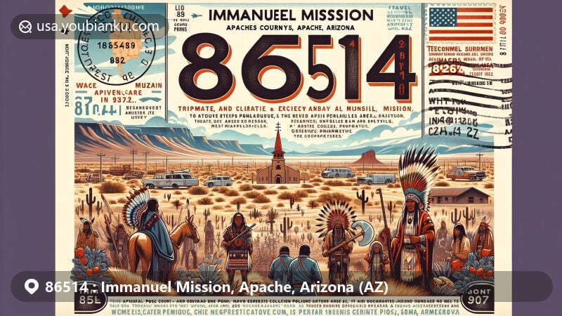 Modern illustration of Immanuel Mission, Apache, Arizona, capturing cultural and environmental essence of Apache County, featuring landmarks like Geronimo Surrender Monument, framed as vintage postcard with postal elements.