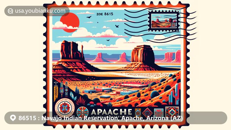 Modern illustration of Apache, Arizona, at the Navajo Indian Reservation, featuring the Window Rock formation and elements of Navajo culture like silver jewelry and rugs.