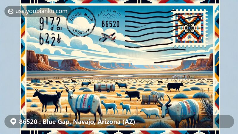 Modern illustration of Blue Gap, Navajo County, Arizona, showcasing a postal theme with ZIP code 86520, featuring Navajo culture and landscape elements reflective of the strong heritage connection to Apache County.