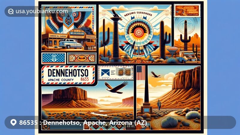 Modern illustration of Dennehotso, Apache County, Arizona, integrating Navajo culture and language, Geronimo Surrender Monument, postal elements with ZIP code 86535, and scenic desert beauty.