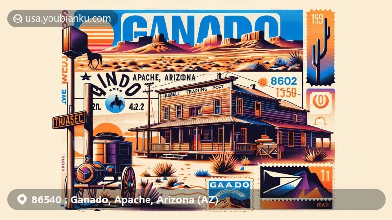 Modern illustration of Ganado, Apache County, Arizona, showcasing Hubbell Trading Post and postal elements for ZIP code 86540, set against the unique landscape of Navajo Nation.