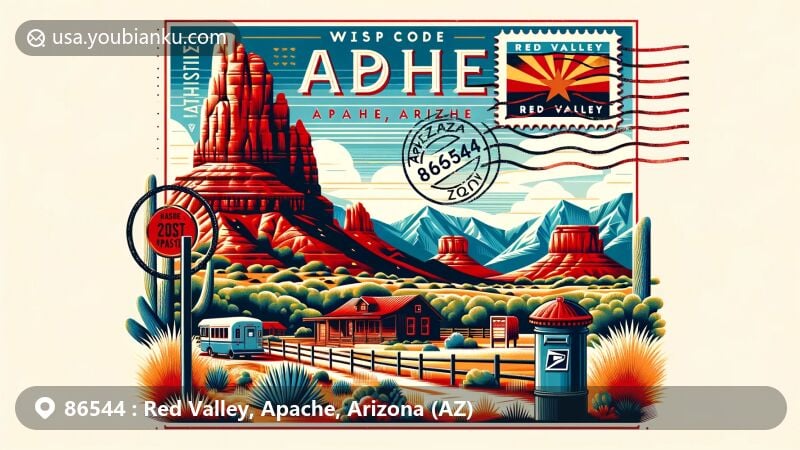 Modern illustration of Red Valley, Apache, Arizona, blending geographical and cultural elements with postal theme for ZIP code 86544. Features Arizona mountains, Navajo Nation, sandstone peak, and vintage postcard elements.