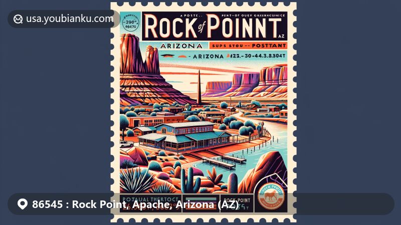 Modern illustration of Rock Point, Arizona, showcasing postal theme with ZIP code 86545, featuring desert landscape, Navajo culture, and vintage postcard elements.
